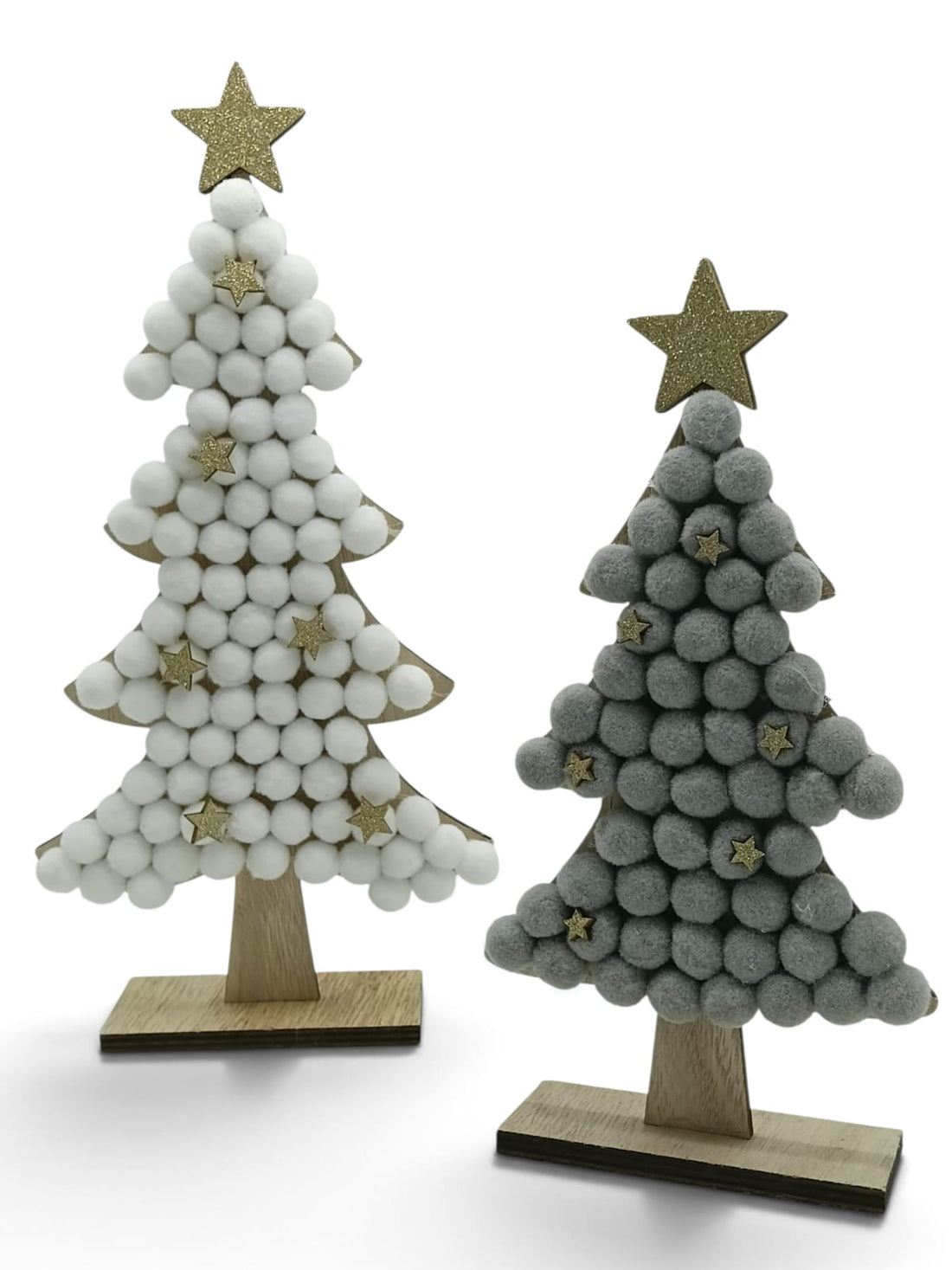 XMAS | Árbol de Madera con Bolitas de Algodón & Estrellas | Blanco & Gris