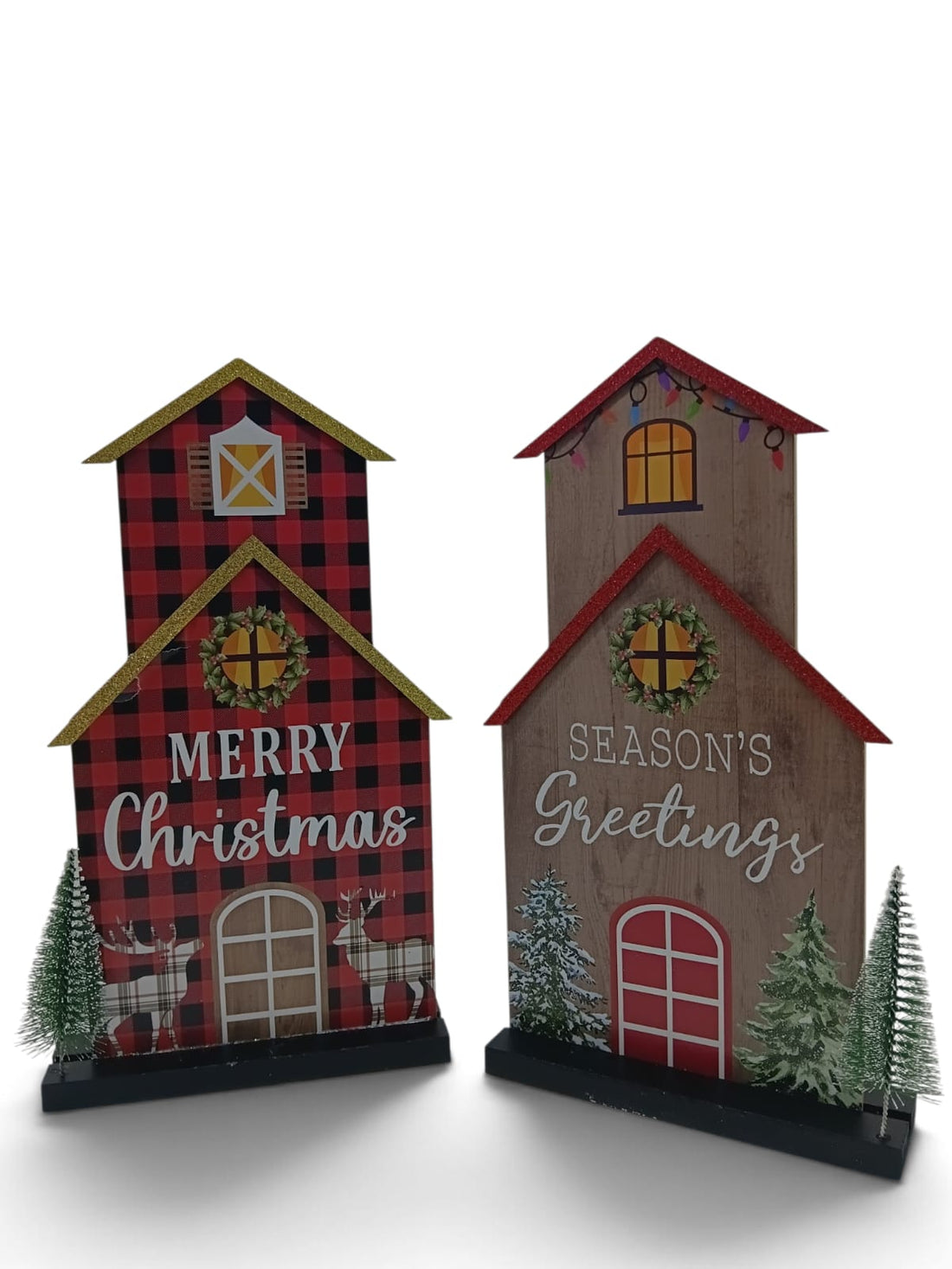 Casitas Navideñas de Madera con Árboles 3D | 2 Estilos | 12.2"
