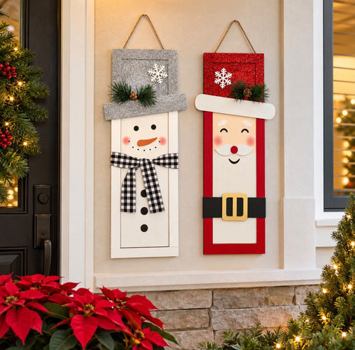Placa Navideña Colgante | Santa Claus & Snowman | 8.5" x 20"