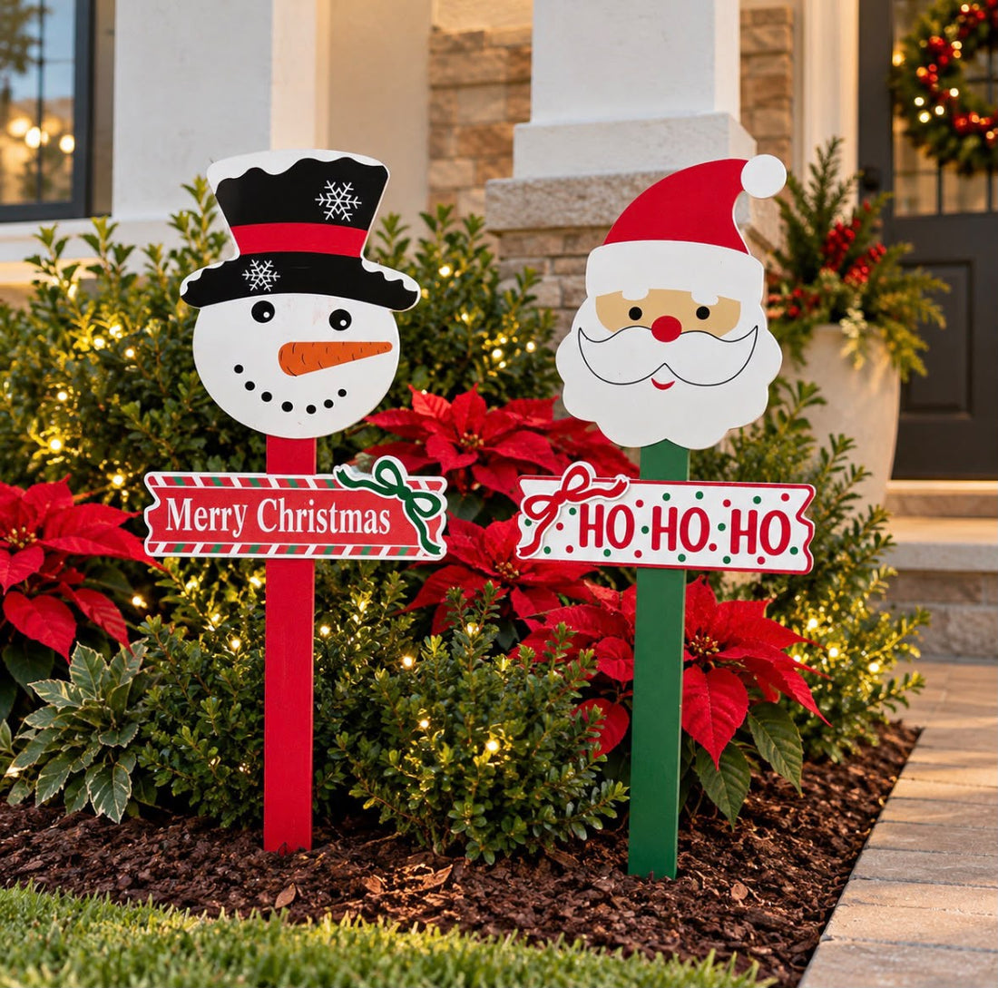 Xmas Wooden Yard Stake 7.9" x 22" | Snowman & Santa