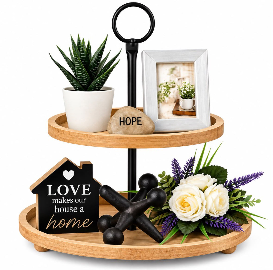 2-Tier Wooden Decorative Tray 11.7" | Easy Assembly
