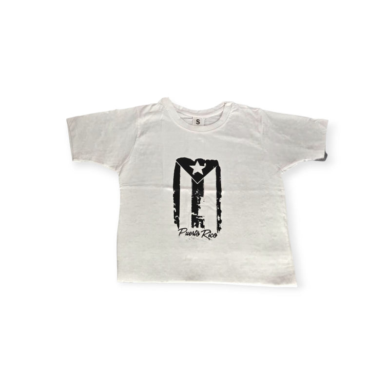 T-Shirts Blanca con Bandera de Puerto Rico Negra - Size Adulto/Hombre