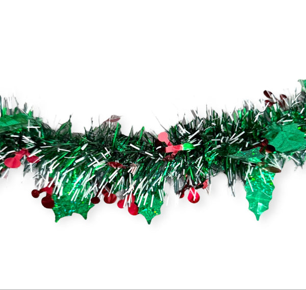 Navidad - Guirnalda en Oropel/Tinsel, Verde y Blanco con Bayas 9ft
