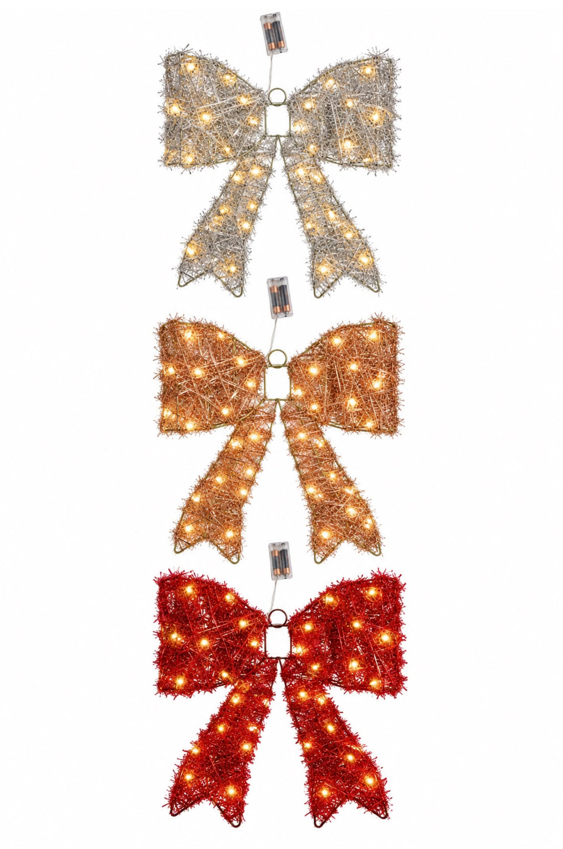 Christmas Bow w/ Warm Light | Rose Gold, Plateado & Rojo | 15.7"