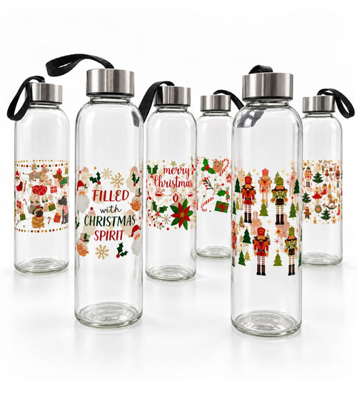 Festive Christmas Glass Bottle | 17 oz | 6 Holiday Designs
