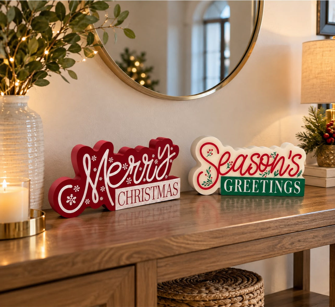 Xmas Wooden Table Decor 9.3" x 3.9" | Season’s Greetings & Merry Christmas