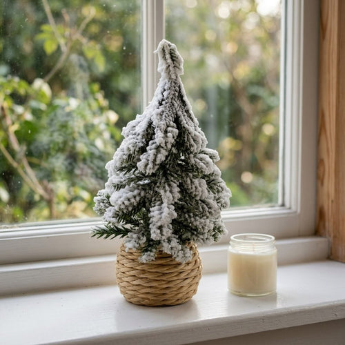 Mini árbol de Navidad nevado con tiesto de soga trenzada