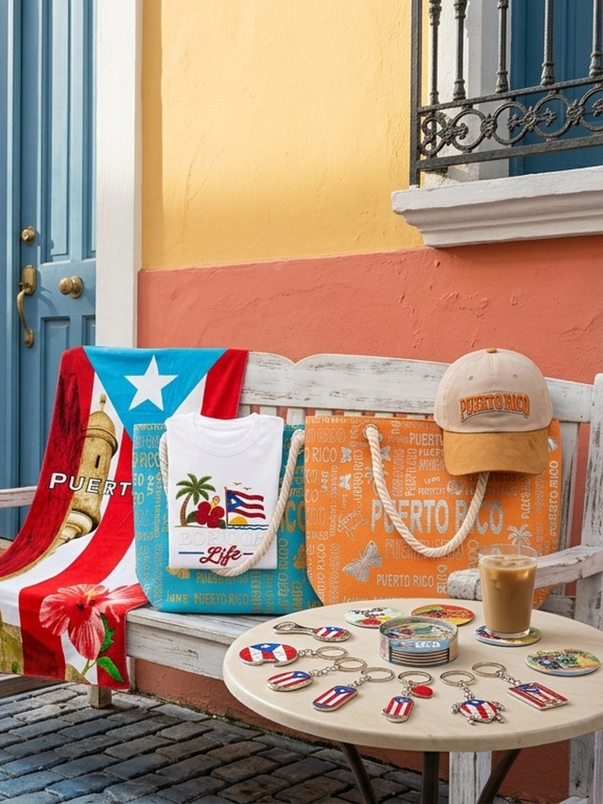 Toalla con la bandera de Puerto Rico, bolsos de playa, gorra y llaveros sobre un banco en una calle adoquinada del Viejo San Juan