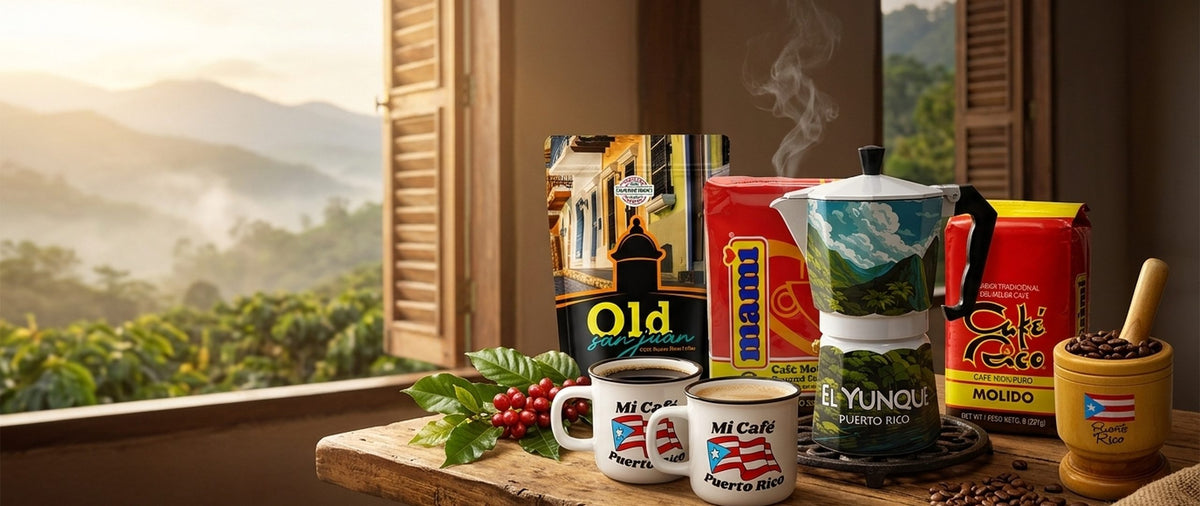 Café de Puerto Rico Old San Juan, Café Mami y Café Rico con greca de El Yunque, tazas Mi Café y pilón en una hacienda cafetalera