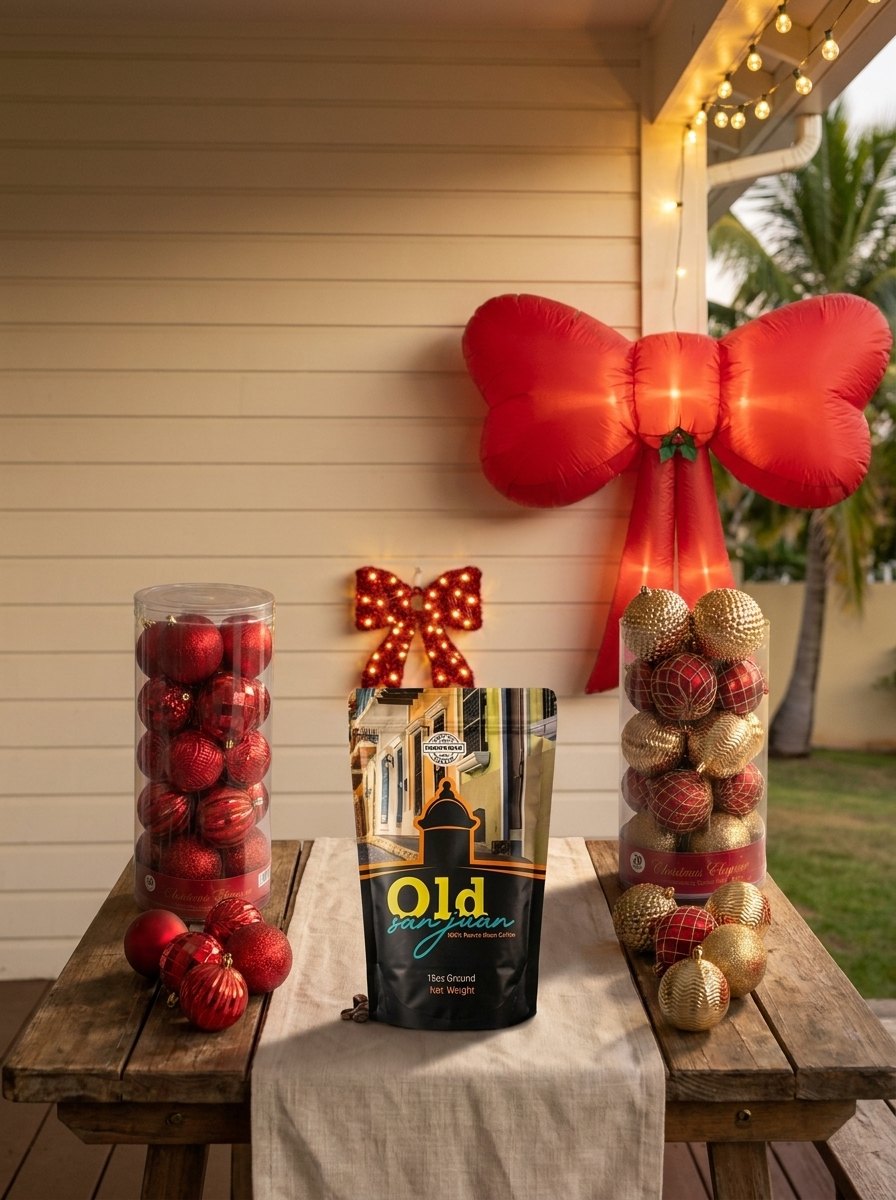 Regalos de Navidad por menos de $50: lazo rojo iluminado, esferas y café Old San Juan
