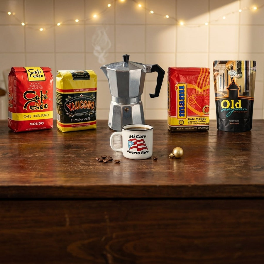 Café de Puerto Rico: Café Rico, Yaucono, Mami y Old San Juan con greca y taza