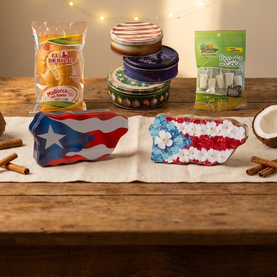 Dulces típicos de Puerto Rico: mallorcas, latas de galletas con forma de la isla y pilones