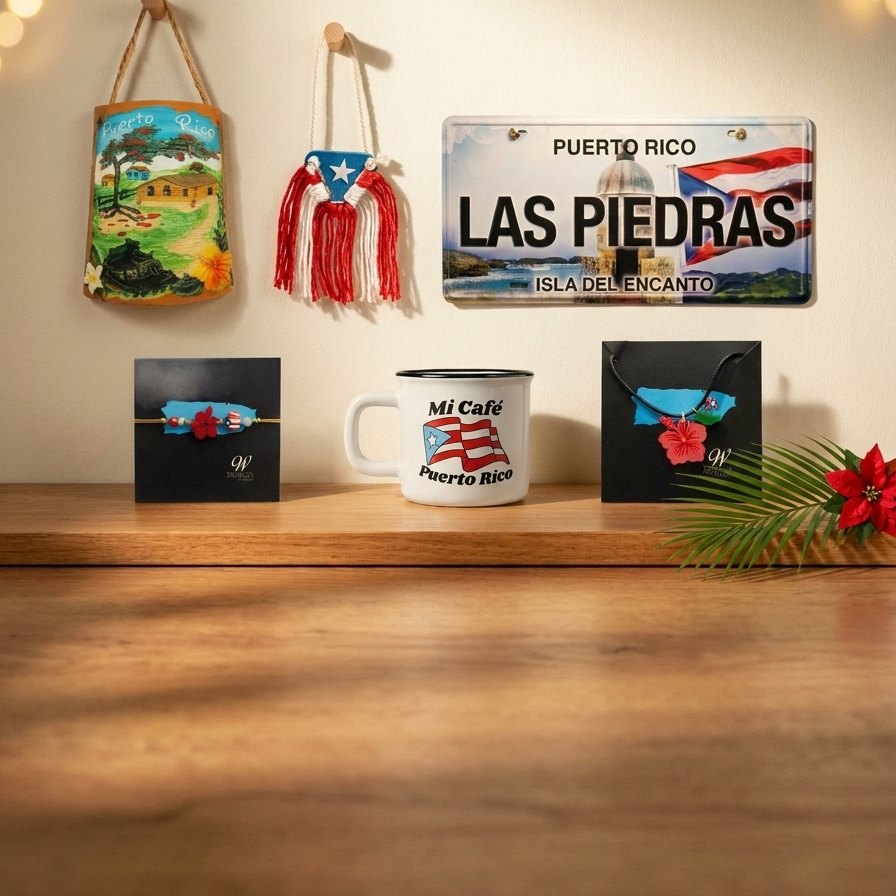 Souvenirs de Puerto Rico: tablilla Las Piedras, taza Mi Café Puerto Rico y adornos de bandera