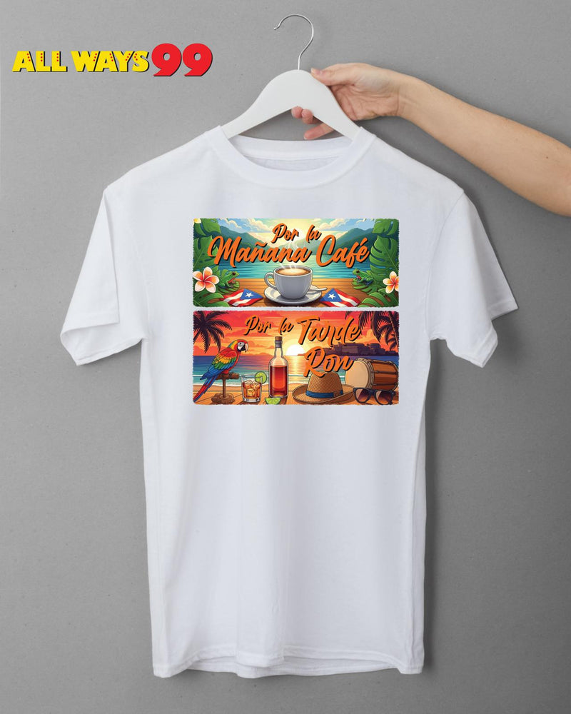 Puerto Rico T-shirts - "Coffee in the morning, rum in the afternoon" / White