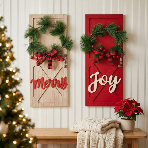 Decoraciones navideñas de madera en forma de puerta Merry y Joy colgadas en la pared