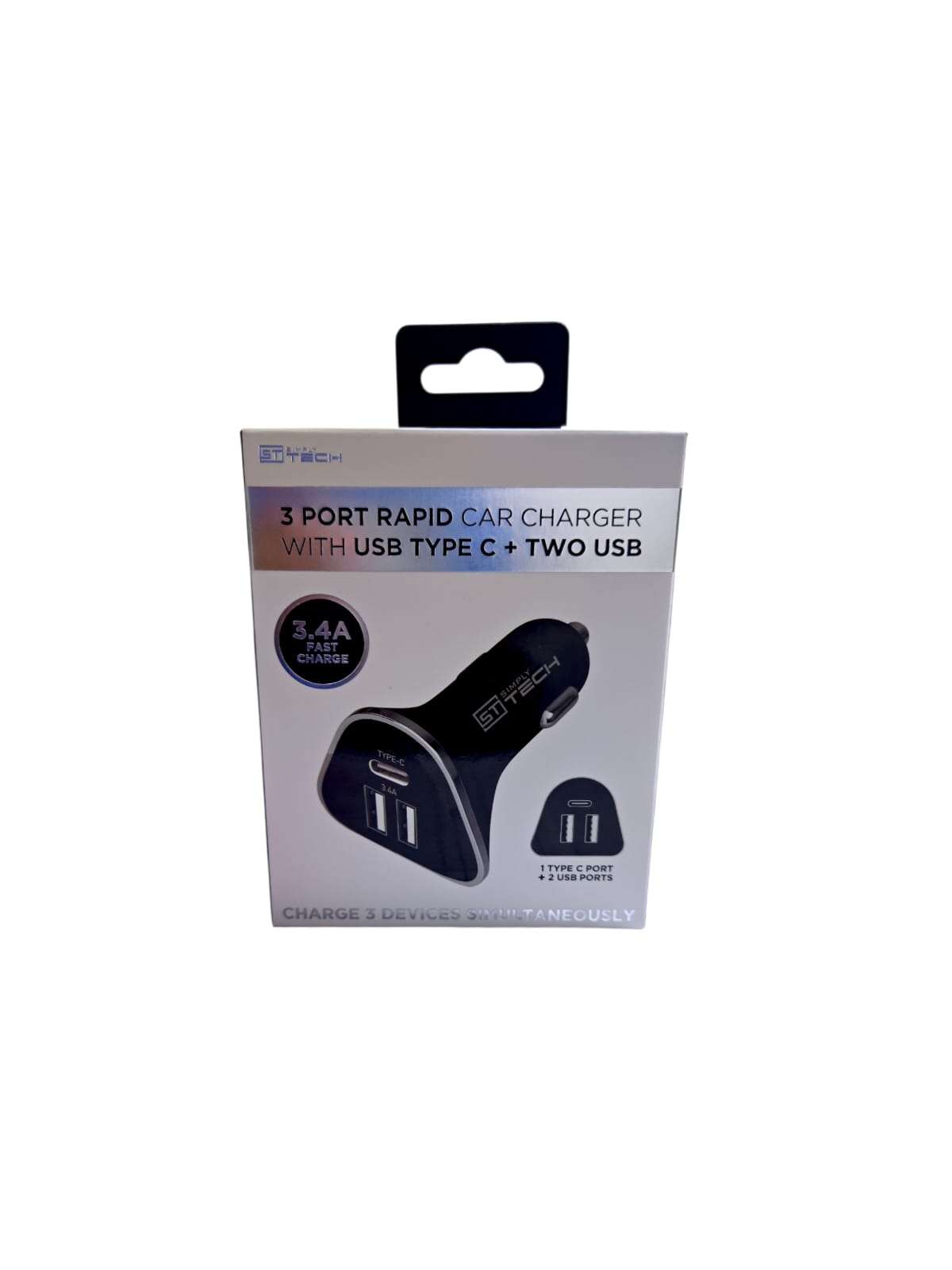 3 Port Rapid Car Charger with USB Type C + two USB