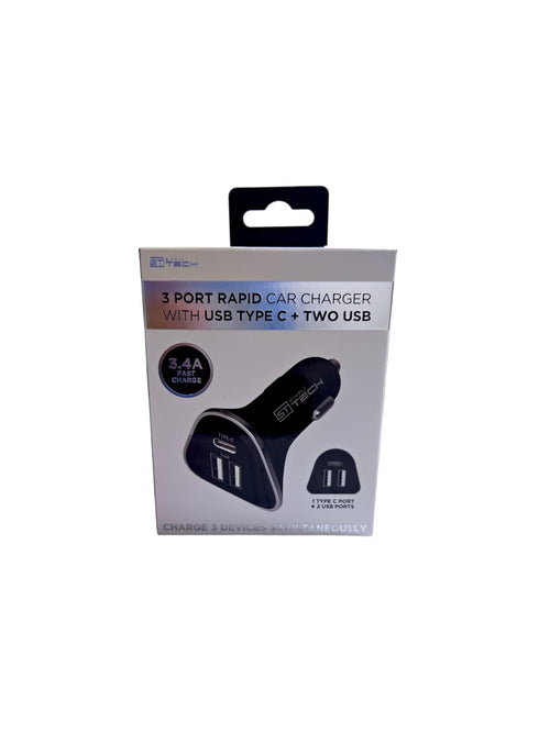 3 Port Rapid Car Charger with USB Type C + two USB