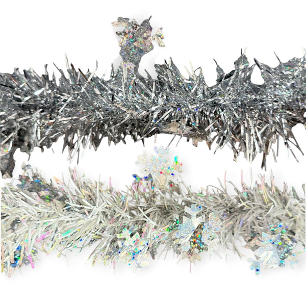 Navidad - Guirnalda en Oropel/Tinsel, Color a Escoger con Copos de Nieve 9ft