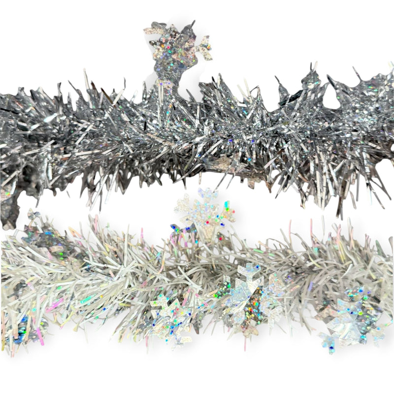 Navidad - Guirnalda en Oropel/Tinsel, Color a Escoger con Copos de Nieve 9ft