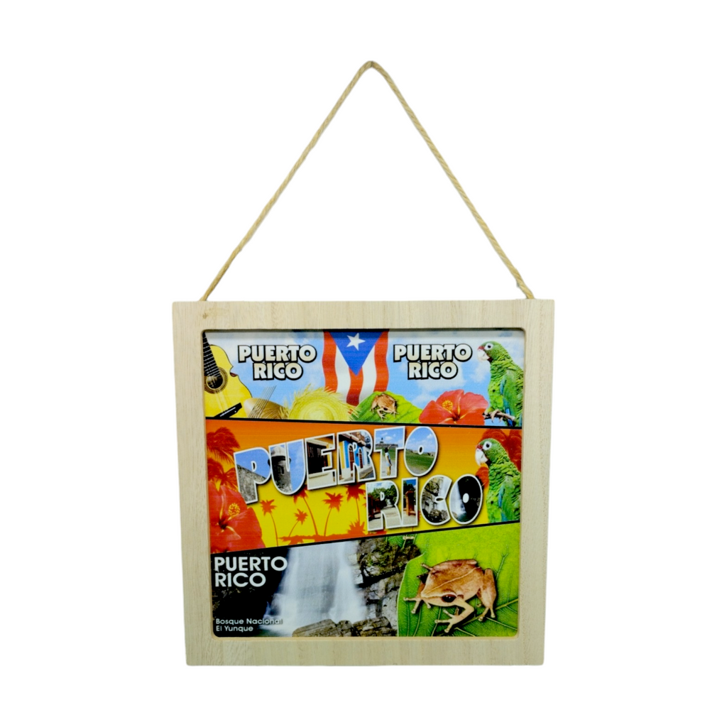 Puerto Rico Souvenir - Square Hanging Wooden Plaque (7.6")