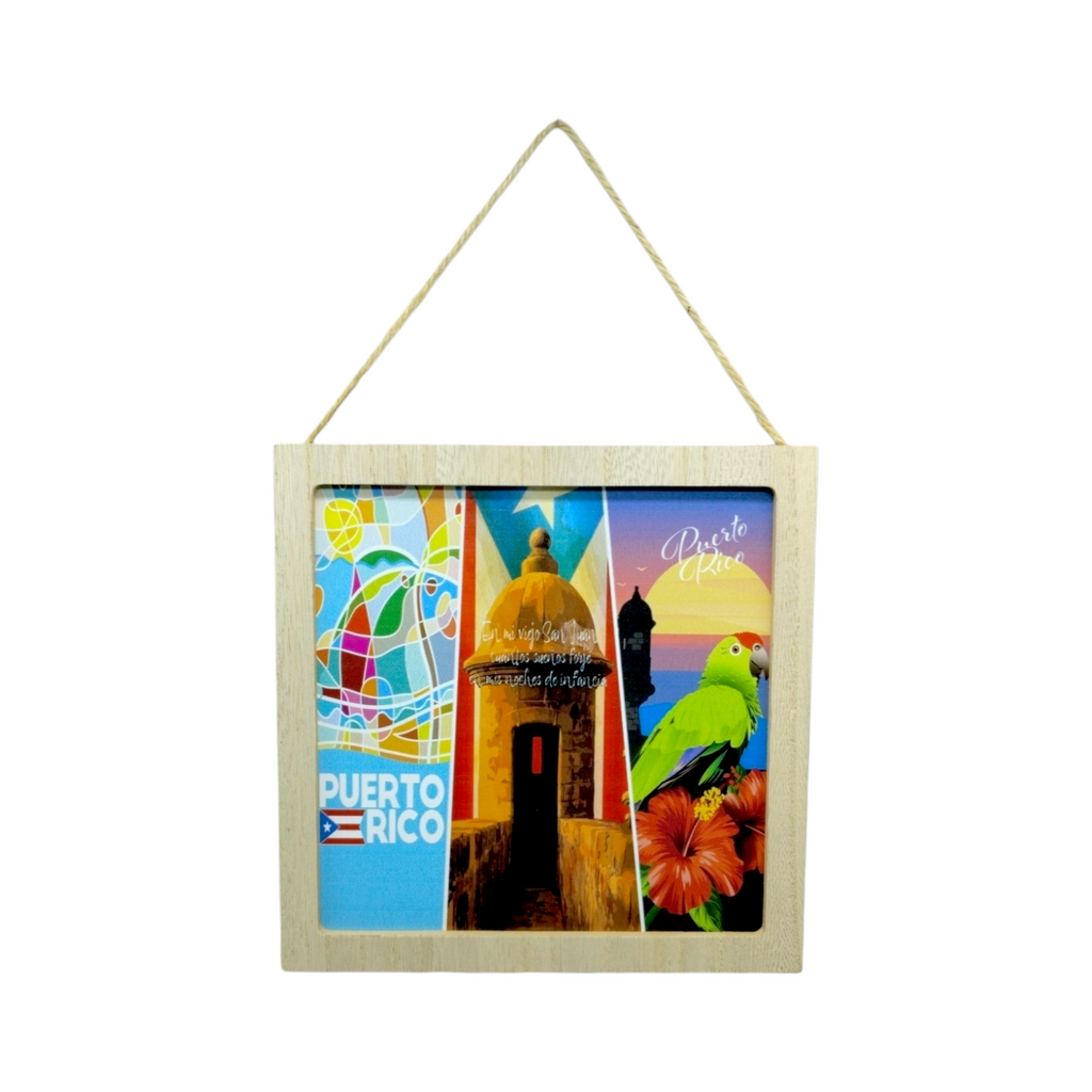Puerto Rico Souvenir - Square Hanging Wooden Plaque (7.6")
