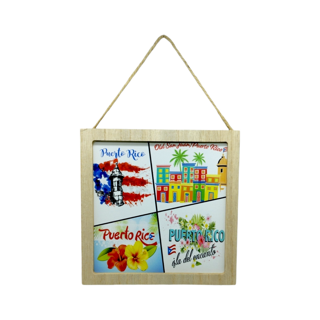 Puerto Rico Souvenir - Square Hanging Wooden Plaque (7.6")