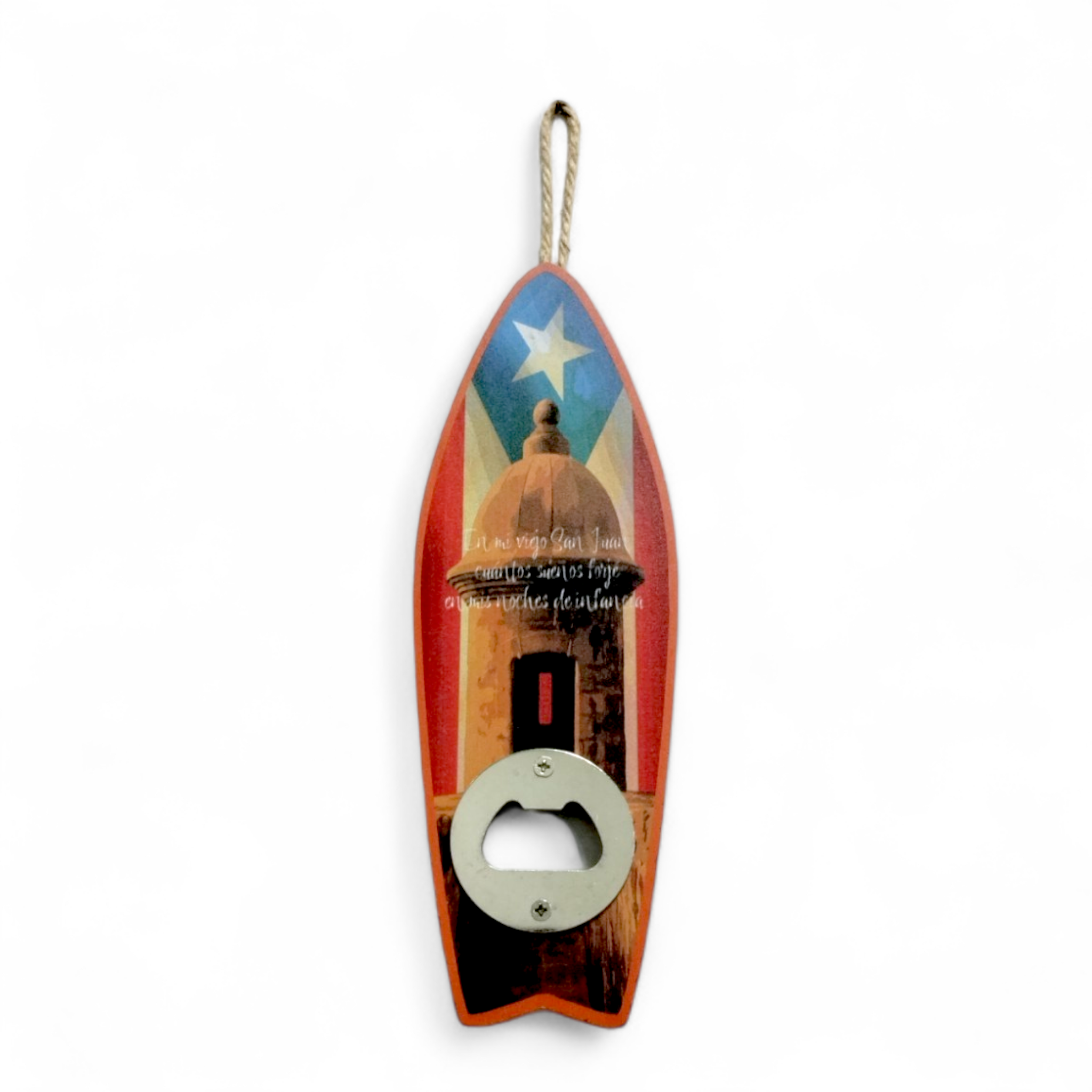 Souvenir de Puerto Rico - Abridor de Botellas de Madera en forma de Tabla de Surf (7.6" x 2.5")