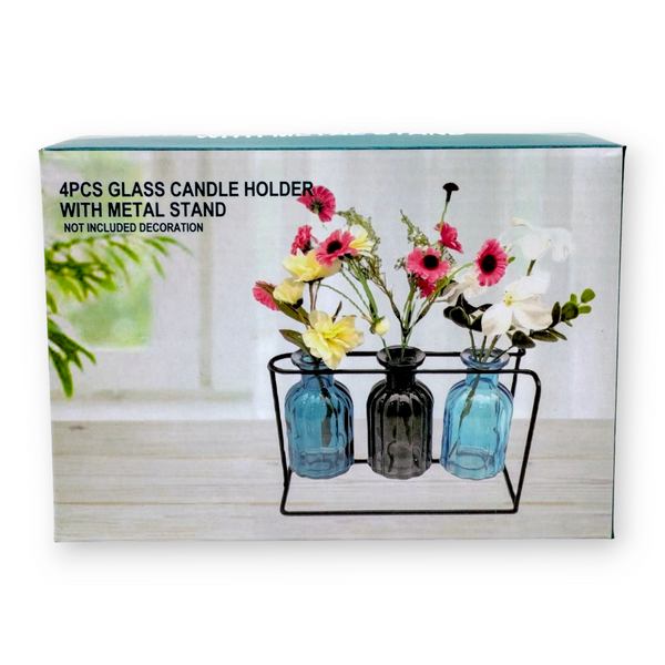 Set of 3 Glass Candle Holders with Metal Base *DECORATION NOT INCLUDED*