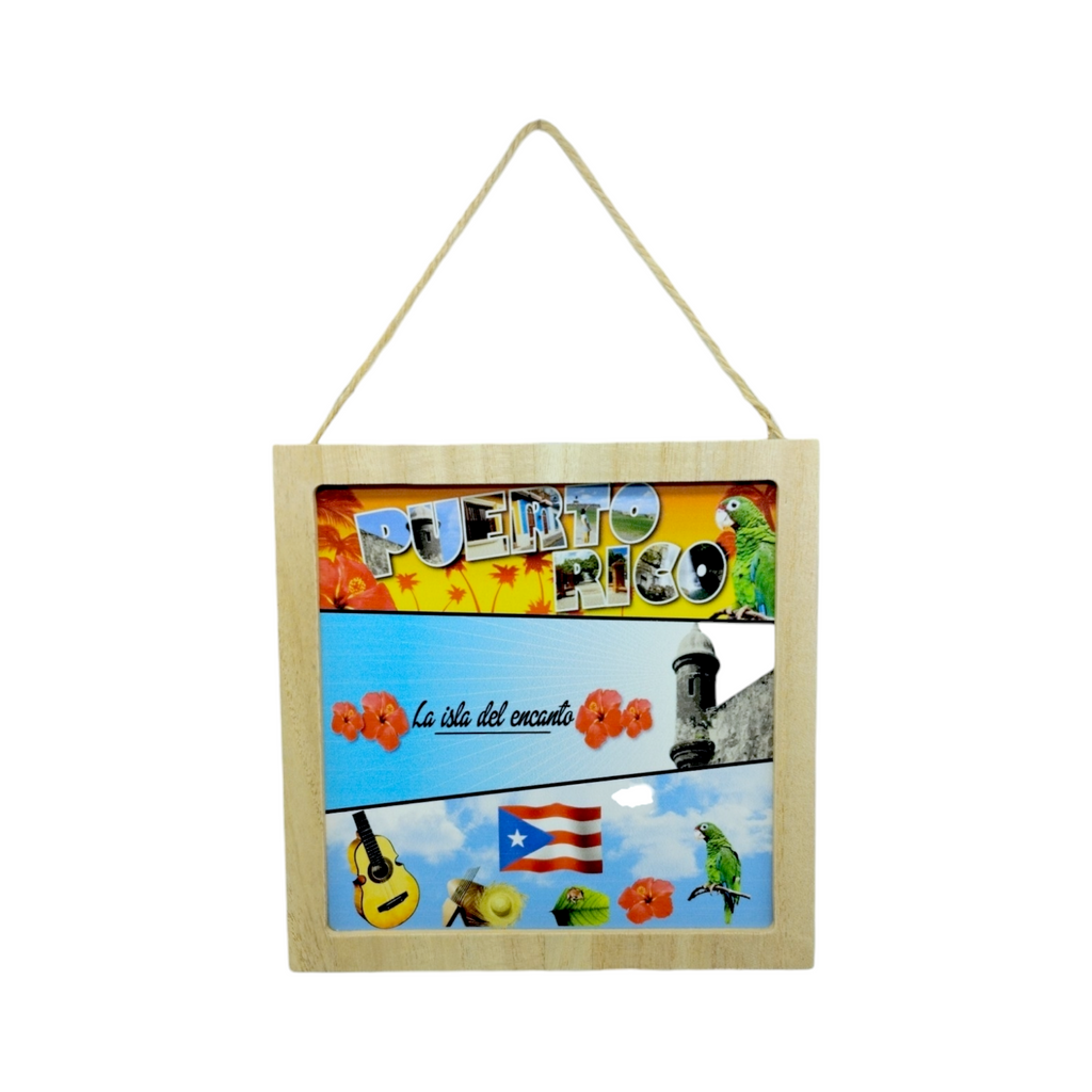 Puerto Rico Souvenir - Square Hanging Wooden Plaque (7.6")