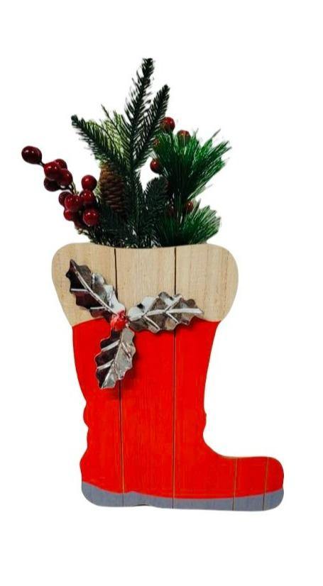 Xmas- Bota en Madera con Arreglo de Ramas.