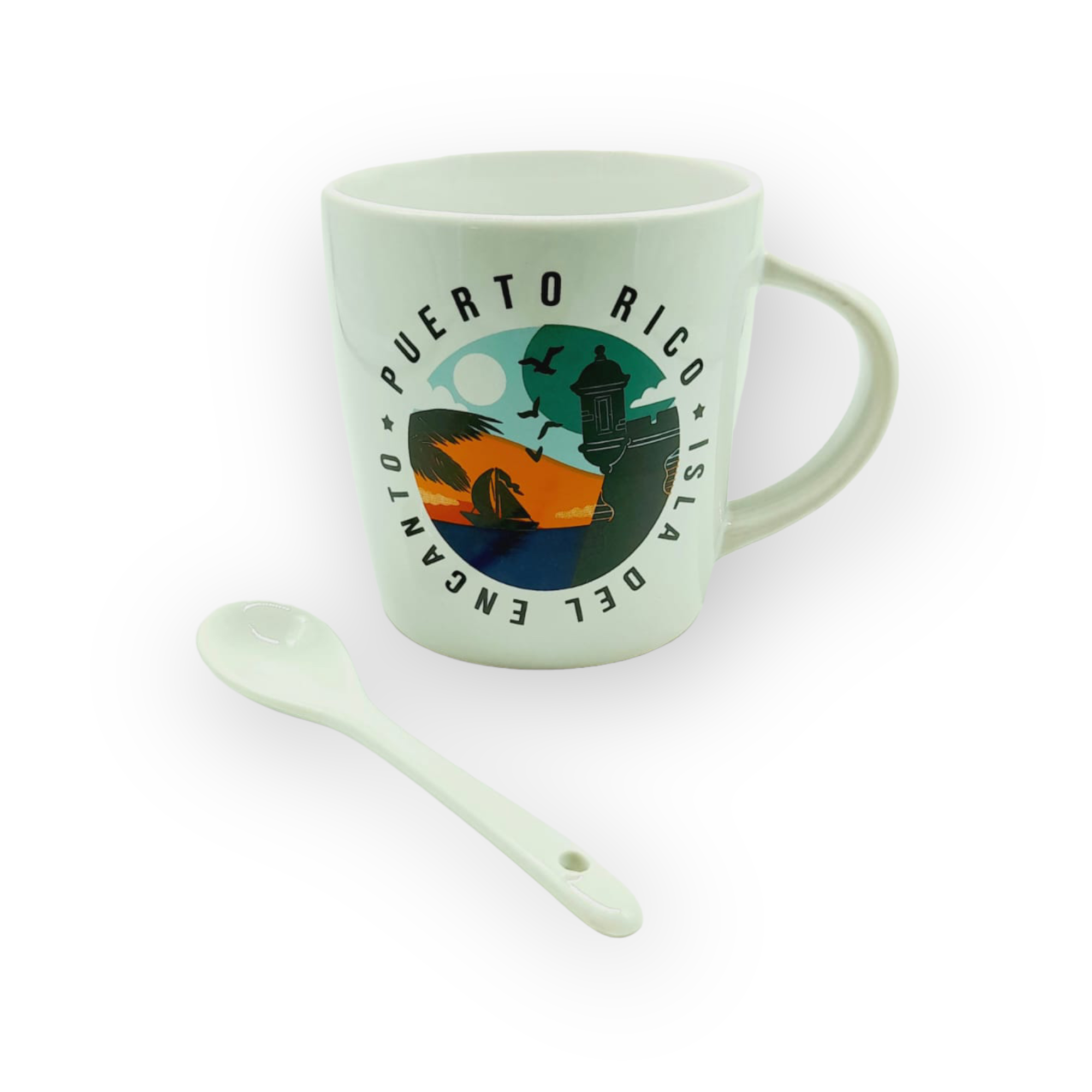 Souvenir de Puerto Rico - Tazas con Cuchara en Empaque Blanco.