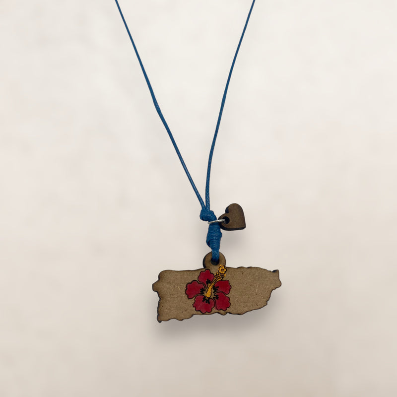 Wood Crafts - Puerto Rico Map Necklace with Poppy in Center *One Size*