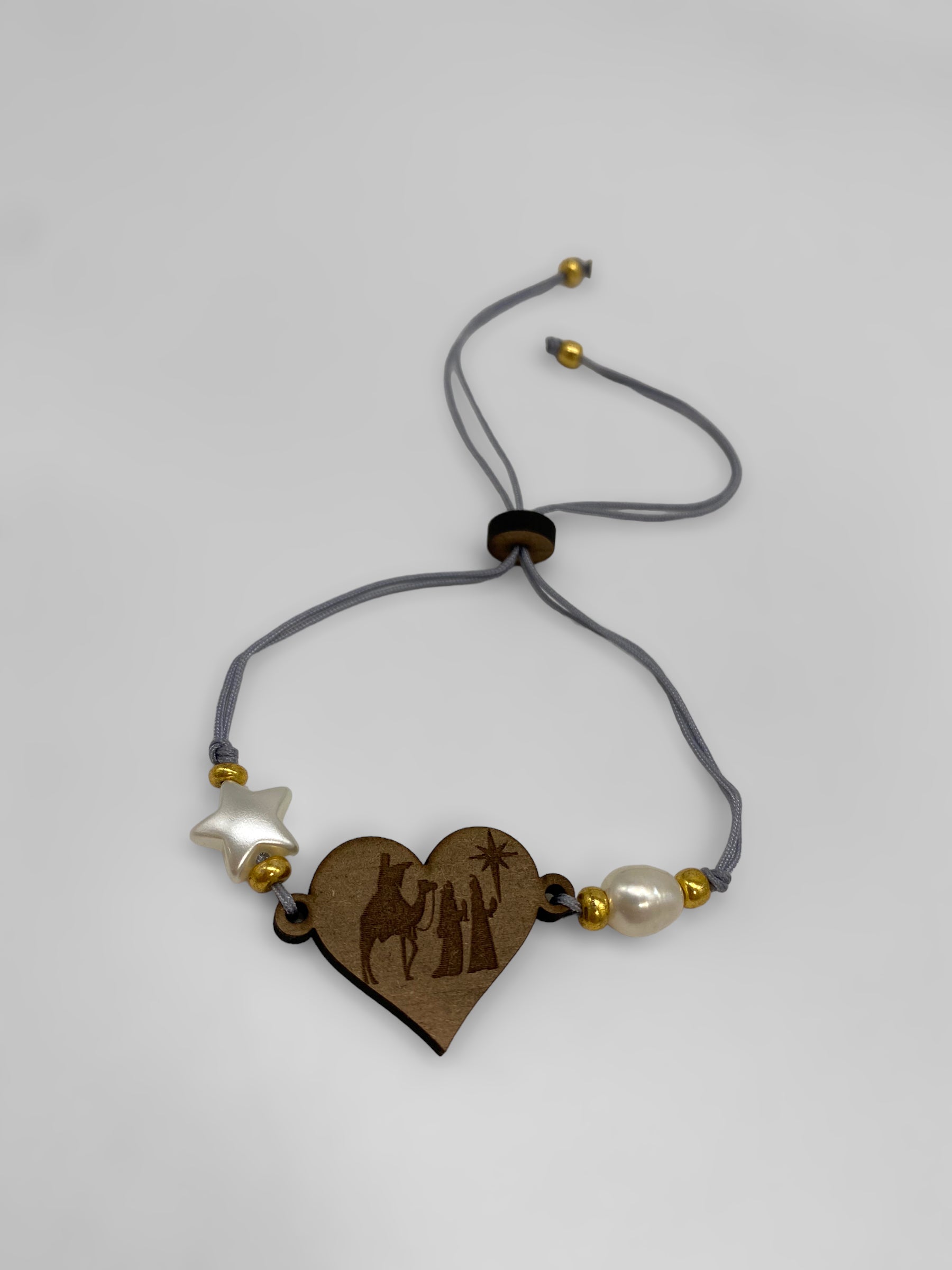 Artesanía en Madera - Pulsera de Tres Reyes Magos en Corazón *One Size*