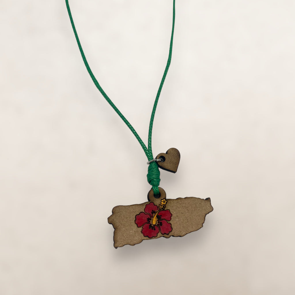 Artesanía en Madera - Collar Mapa de Puerto Rico con Amapola en Centro *One Size*