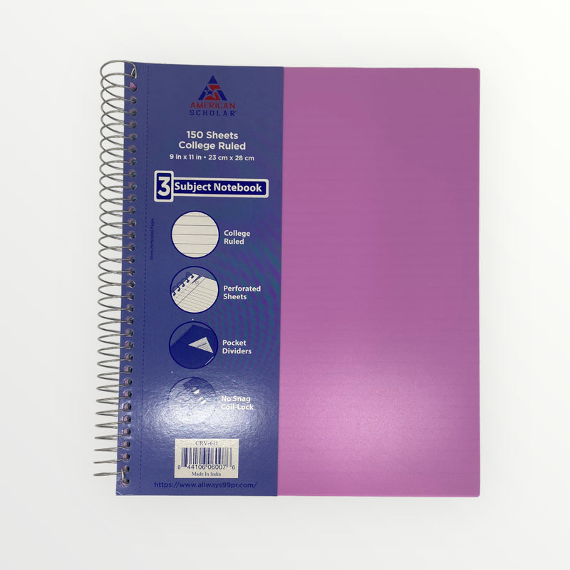 American Scholar - 3 Subject Notebook (150 Sheets College Ruled)