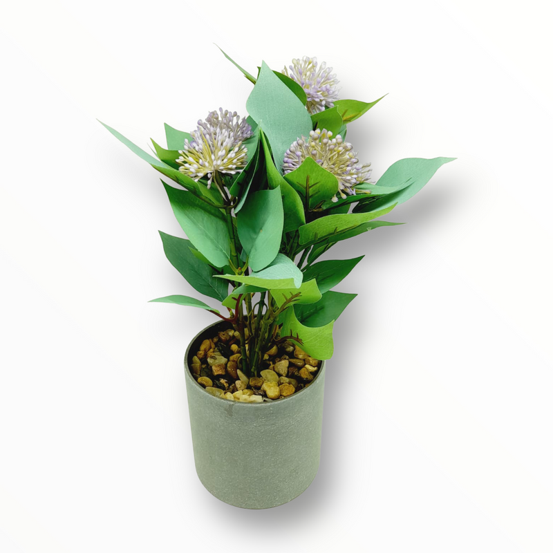 Planta Artificial con Tiesto Gris y Flores en Pompones.