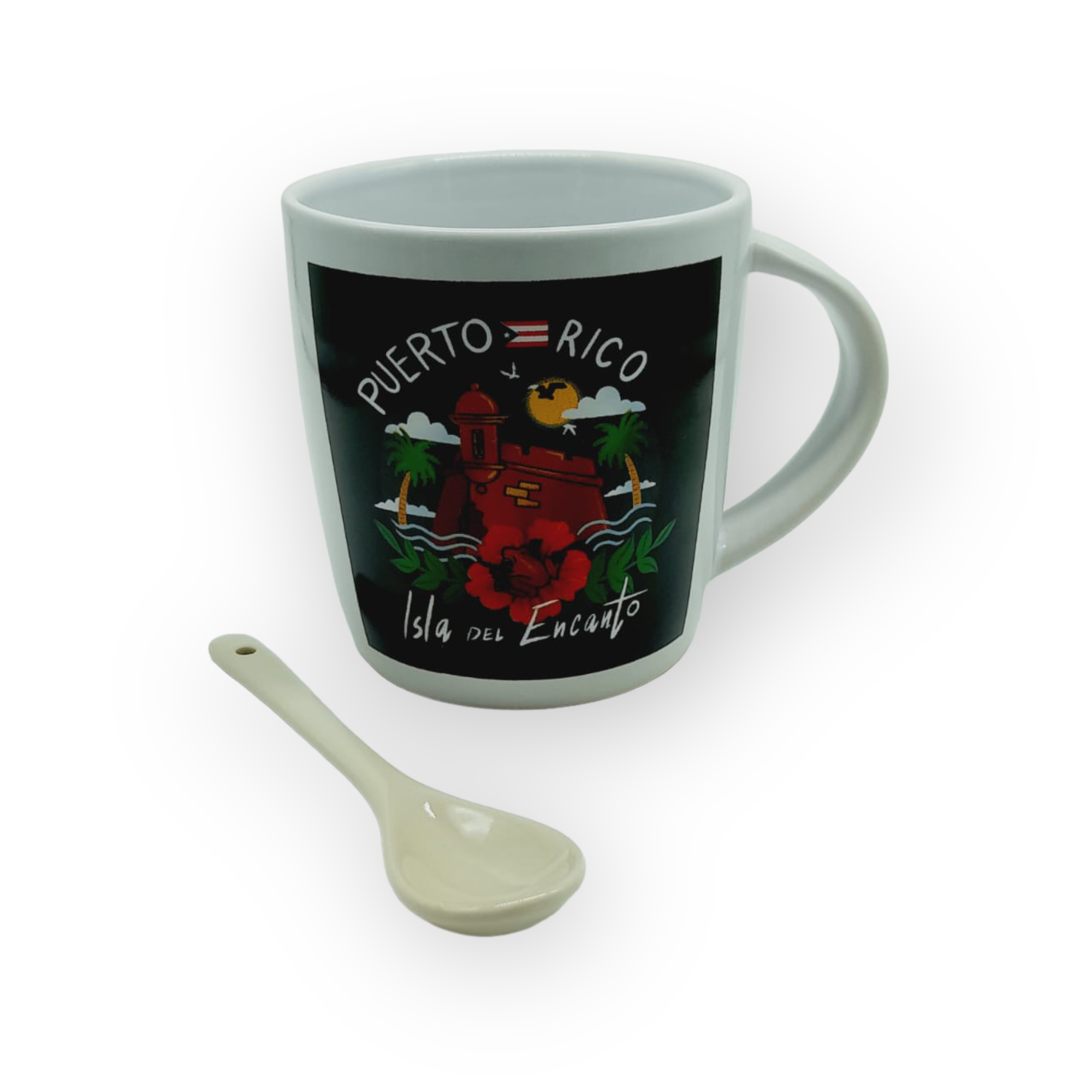 Souvenir de Puerto Rico - Tazas con Cuchara en Empaque Blanco.
