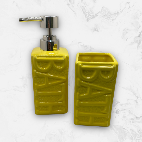 Dispensador y Vaso para Cepillos Dentales en Cerámica - ''BATH'' Amarillo.