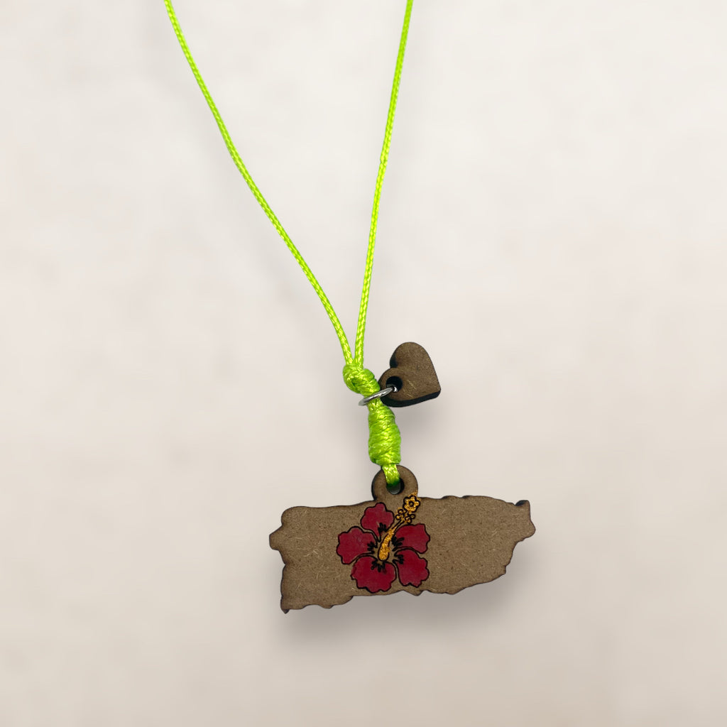 Artesanía en Madera - Collar Mapa de Puerto Rico con Amapola en Centro *One Size*