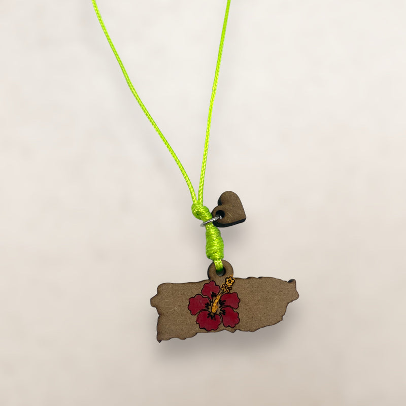 Wood Crafts - Puerto Rico Map Necklace with Poppy in Center *One Size*