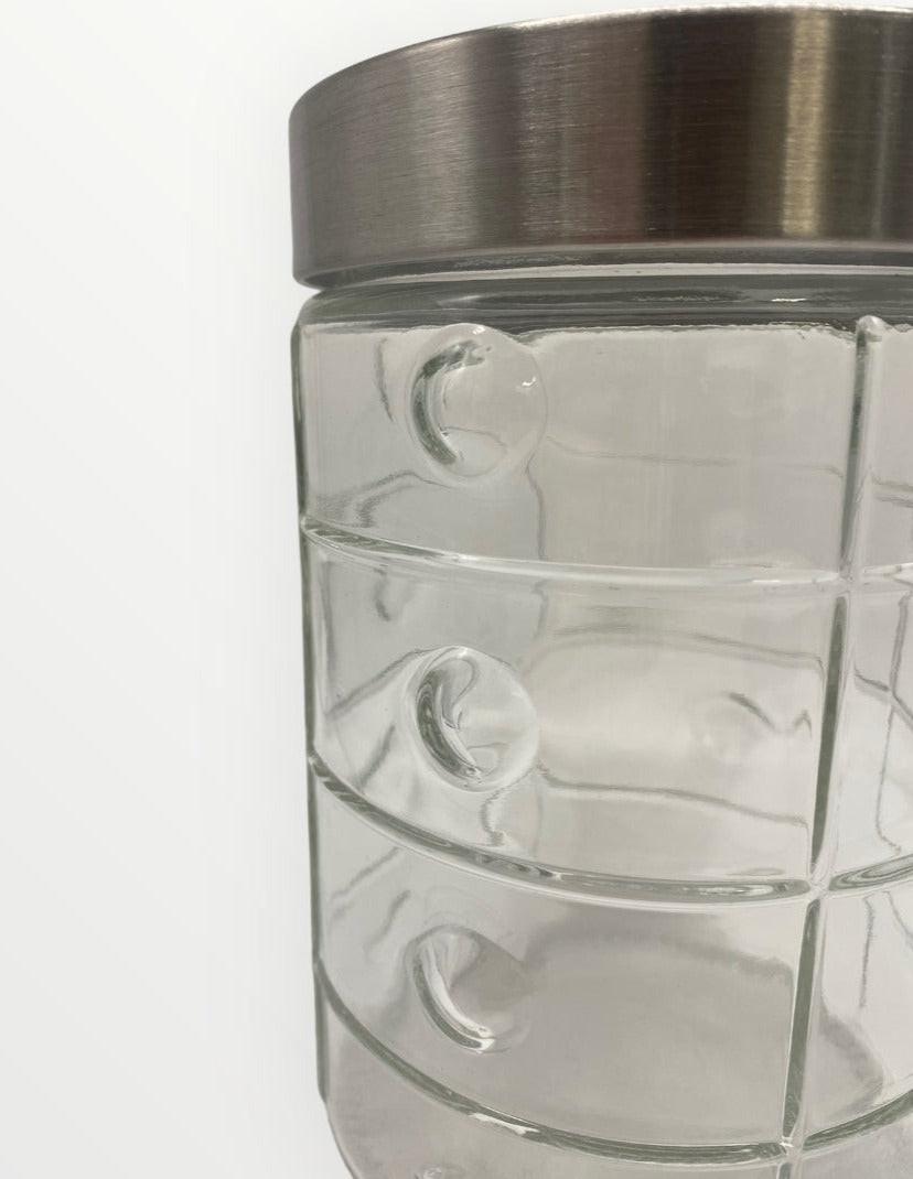 Embossed Glass Container and Plastic Lid with Stainless Steel Finish