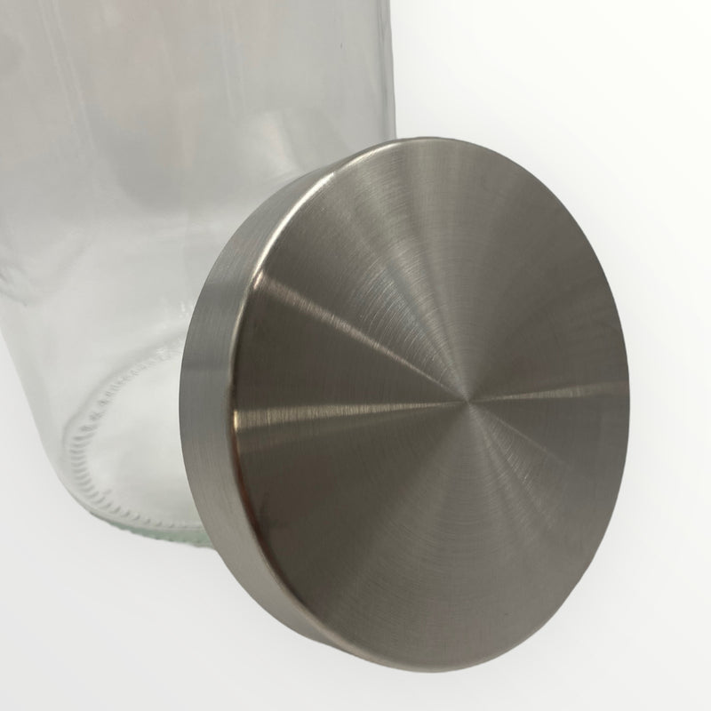 Envase en Cristal Grueso con Tapa Plástica en Acabado Stainless Steel