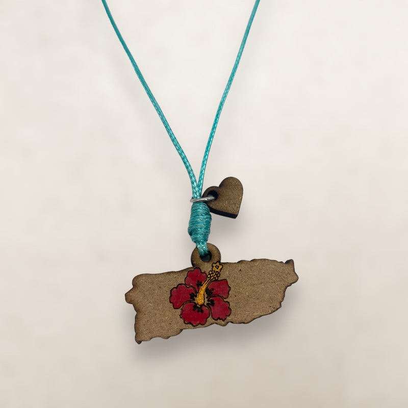 Wood Crafts - Puerto Rico Map Necklace with Poppy in Center *One Size*