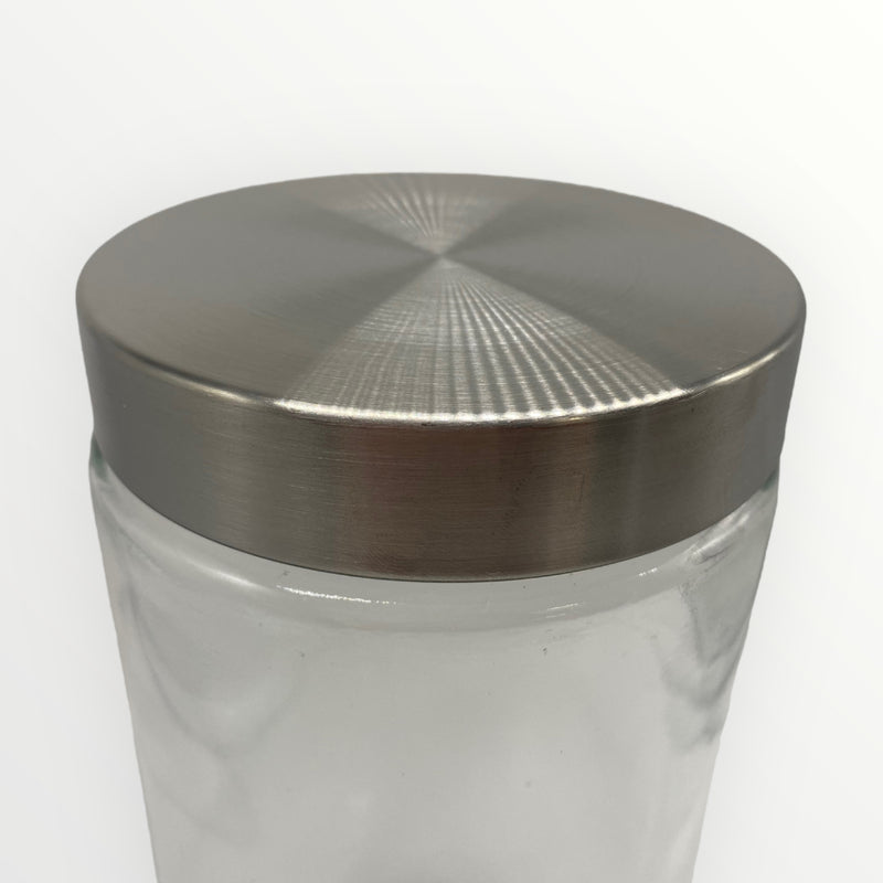 Envase en Cristal Grueso con Tapa Plástica en Acabado Stainless Steel