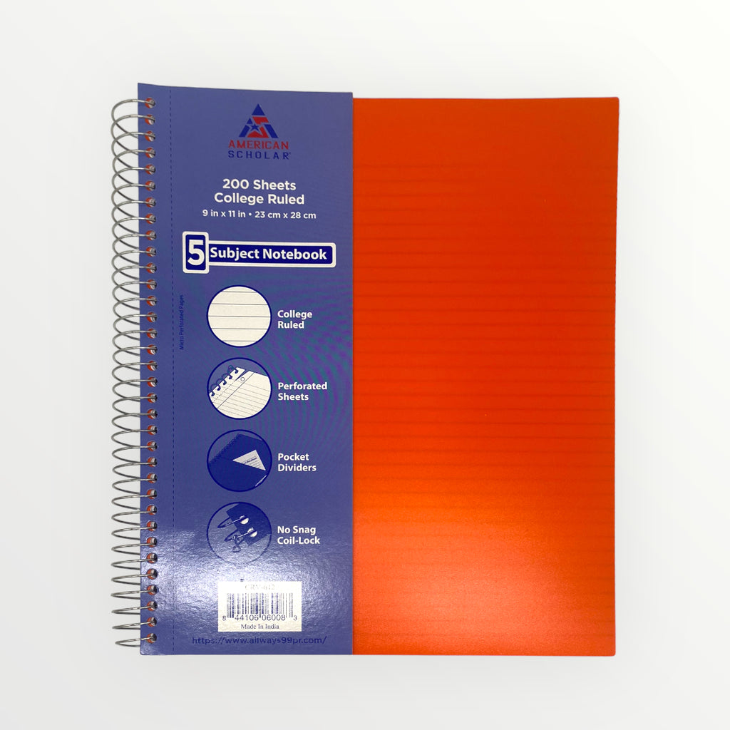 American Scholar - 5 Subject Notebook (200 Sheets College Ruled)