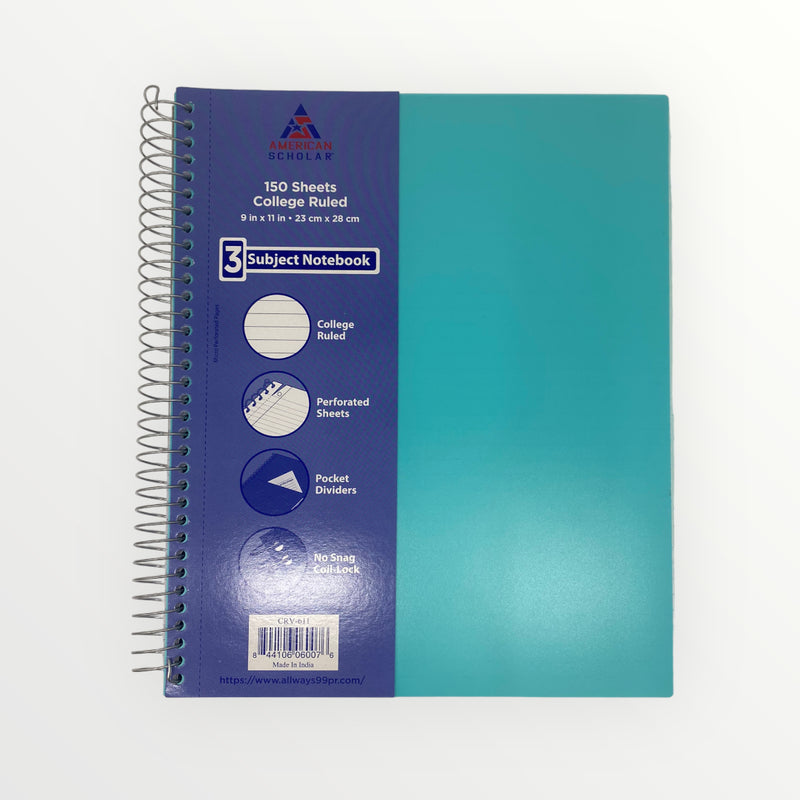 American Scholar - 3 Subject Notebook (150 Sheets College Ruled)