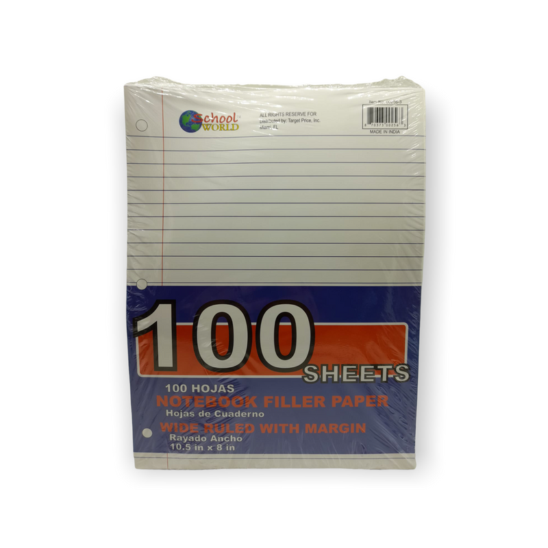 School World- Papel Argolla (Notebook Filler Paper) 10.5in x 8in.