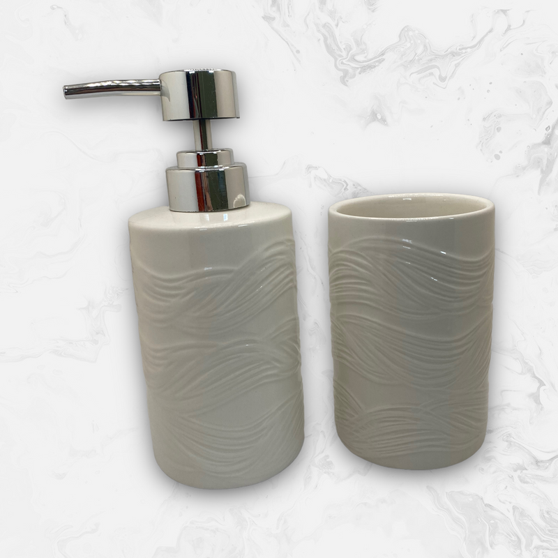 Dispensador de Baño y Vaso para Cepillos de Dientes en Cerámica con Diseño.