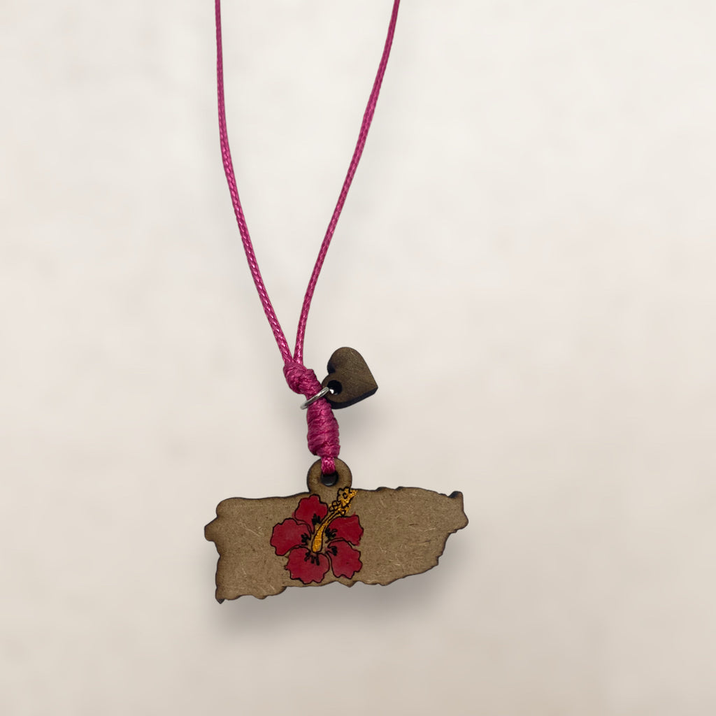 Artesanía en Madera - Collar Mapa de Puerto Rico con Amapola en Centro *One Size*