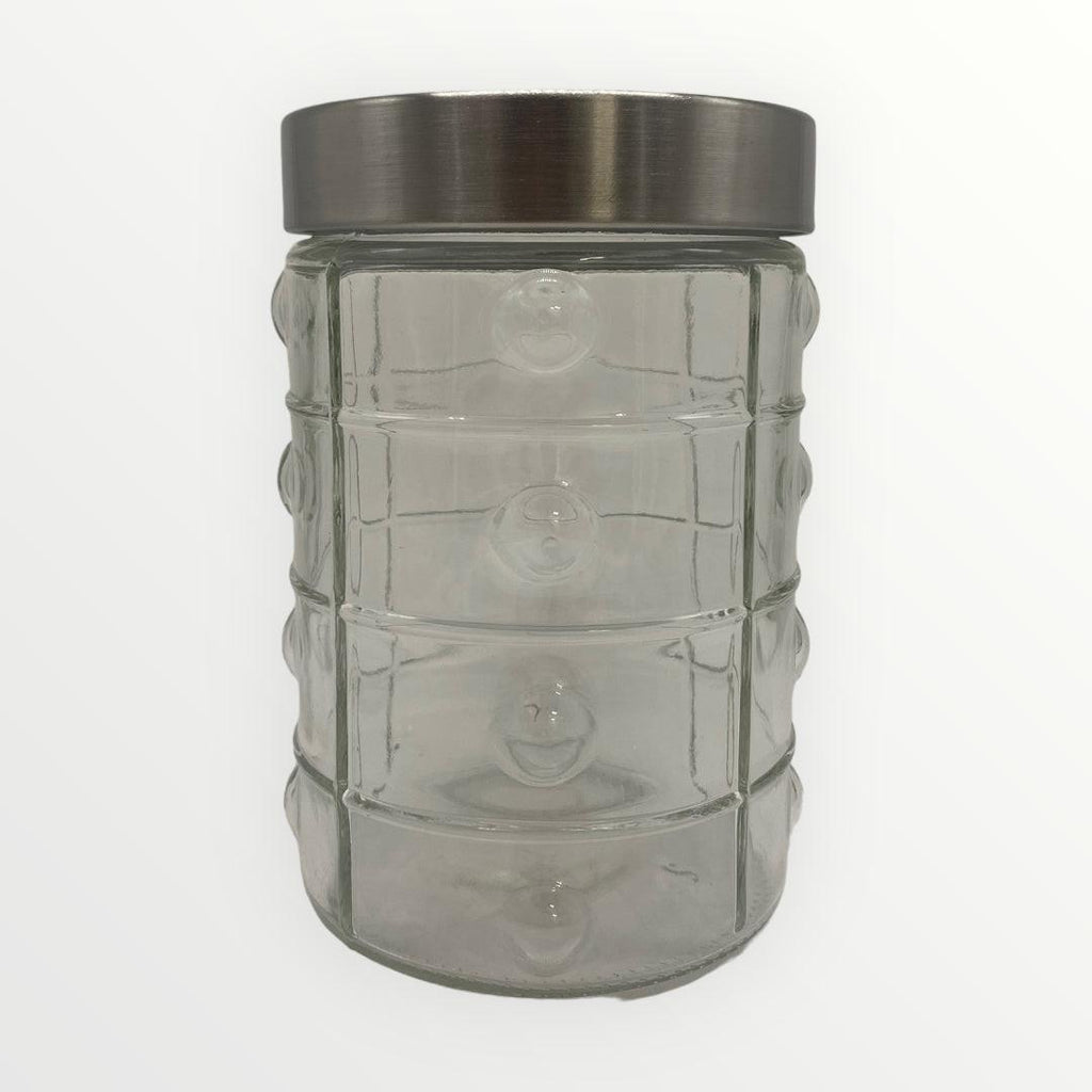 Embossed Glass Container and Plastic Lid with Stainless Steel Finish